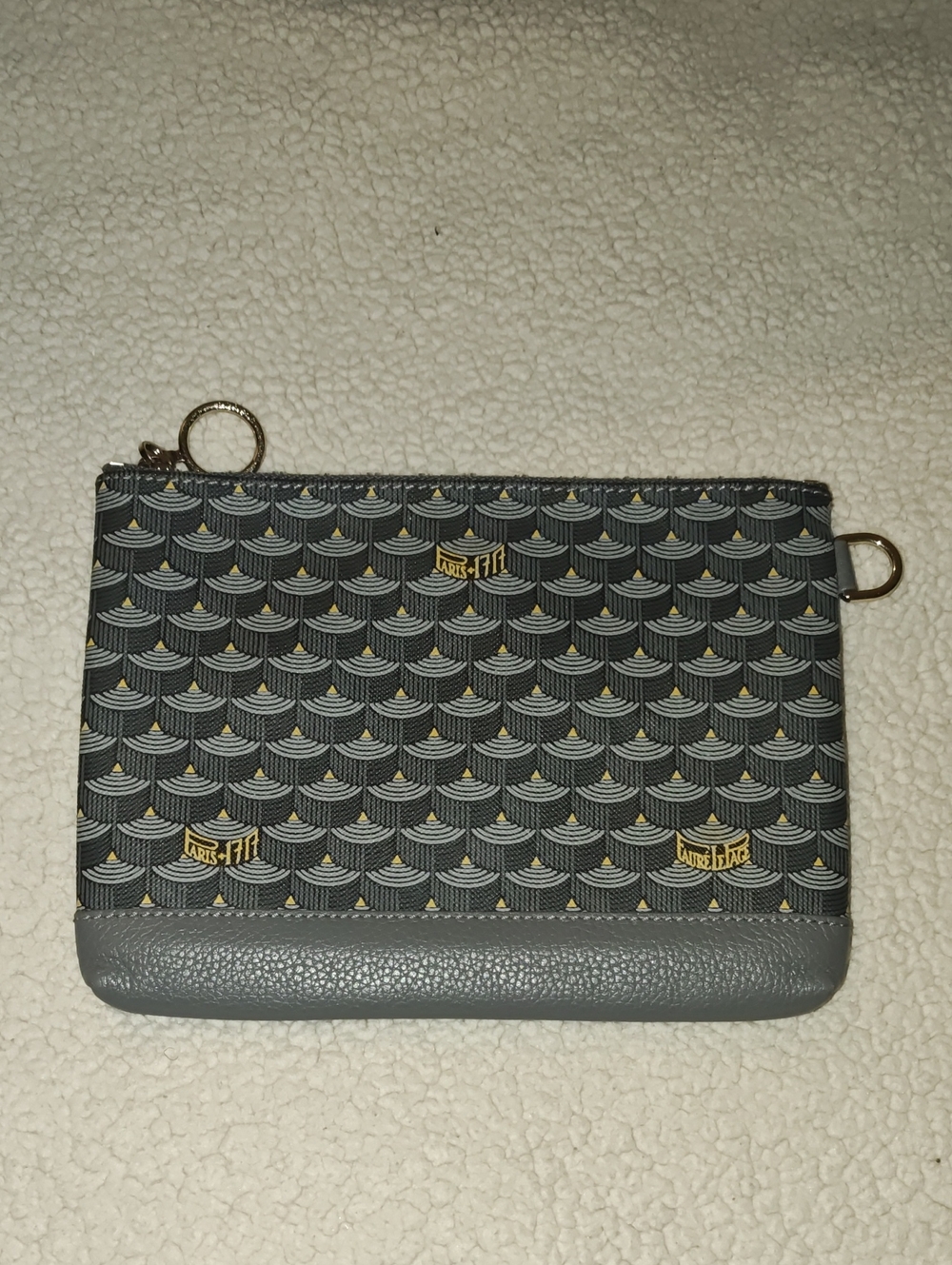 Gray Patterned Zip Wristlet Clutch with Gold Accents